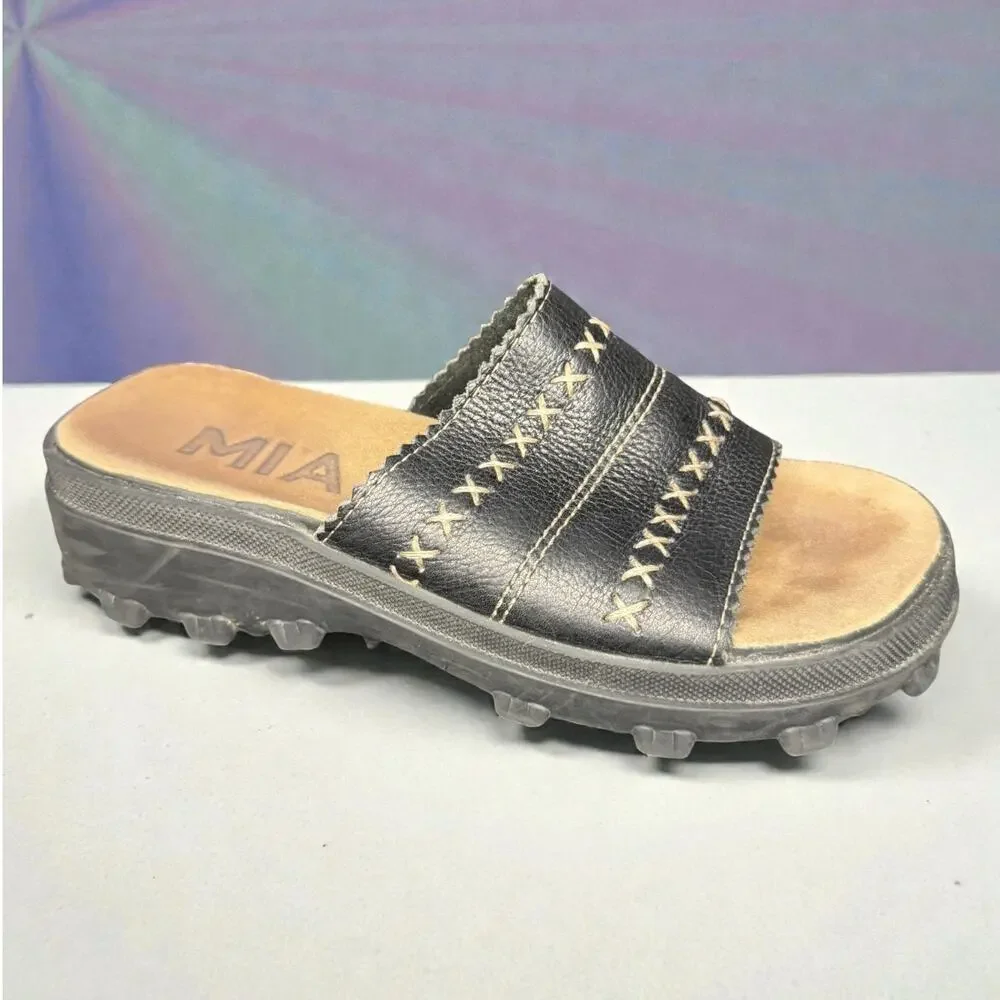 MIA Y2K Chunky Platform Sandals Black Leather Womens 7 Lug Sole Retro Slides